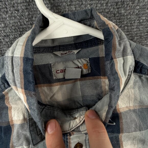 Carhartt Men Long Sleeve Blue Beige Plaid Button Up Shirt Small Slim Fit Adult - Picture 8 of 13